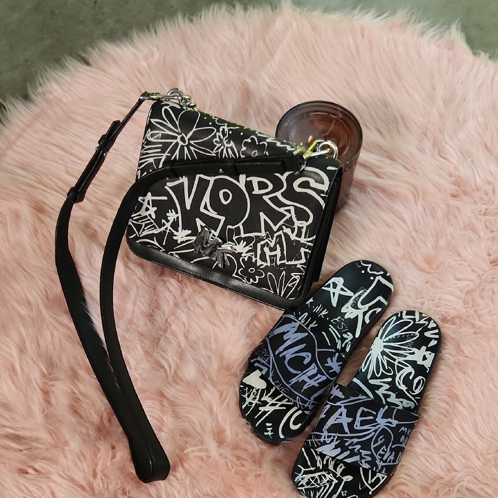 Michael Kors Black and White Crossbody Bag and Slides